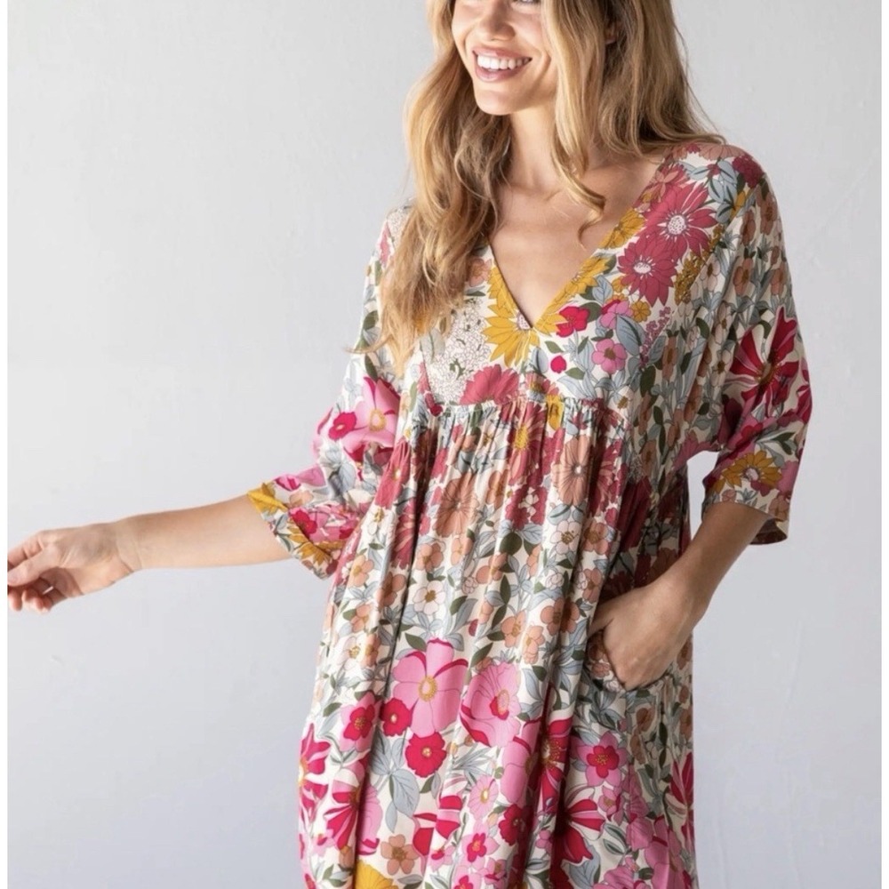 Floral V-Neck Midi Dress in Pink and Mustard